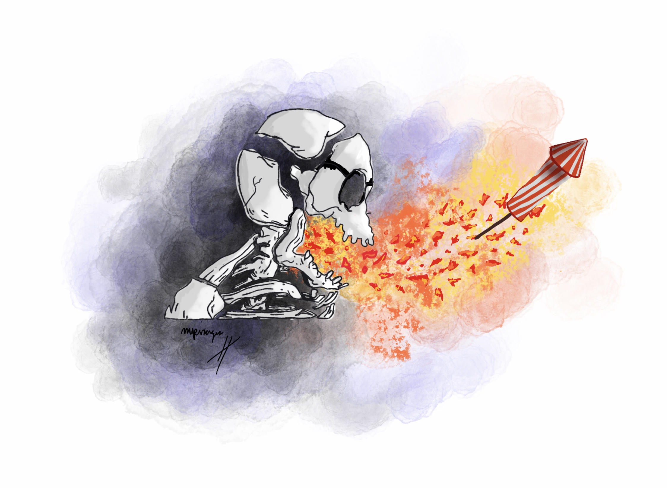 a landscape drawing of a skeleton from the shoulders up breathing fire. The background is white with a spattering of blue, black, and orange. Coming out of the fire is a red and white stripped firework flying out of the skeleton's mouth.