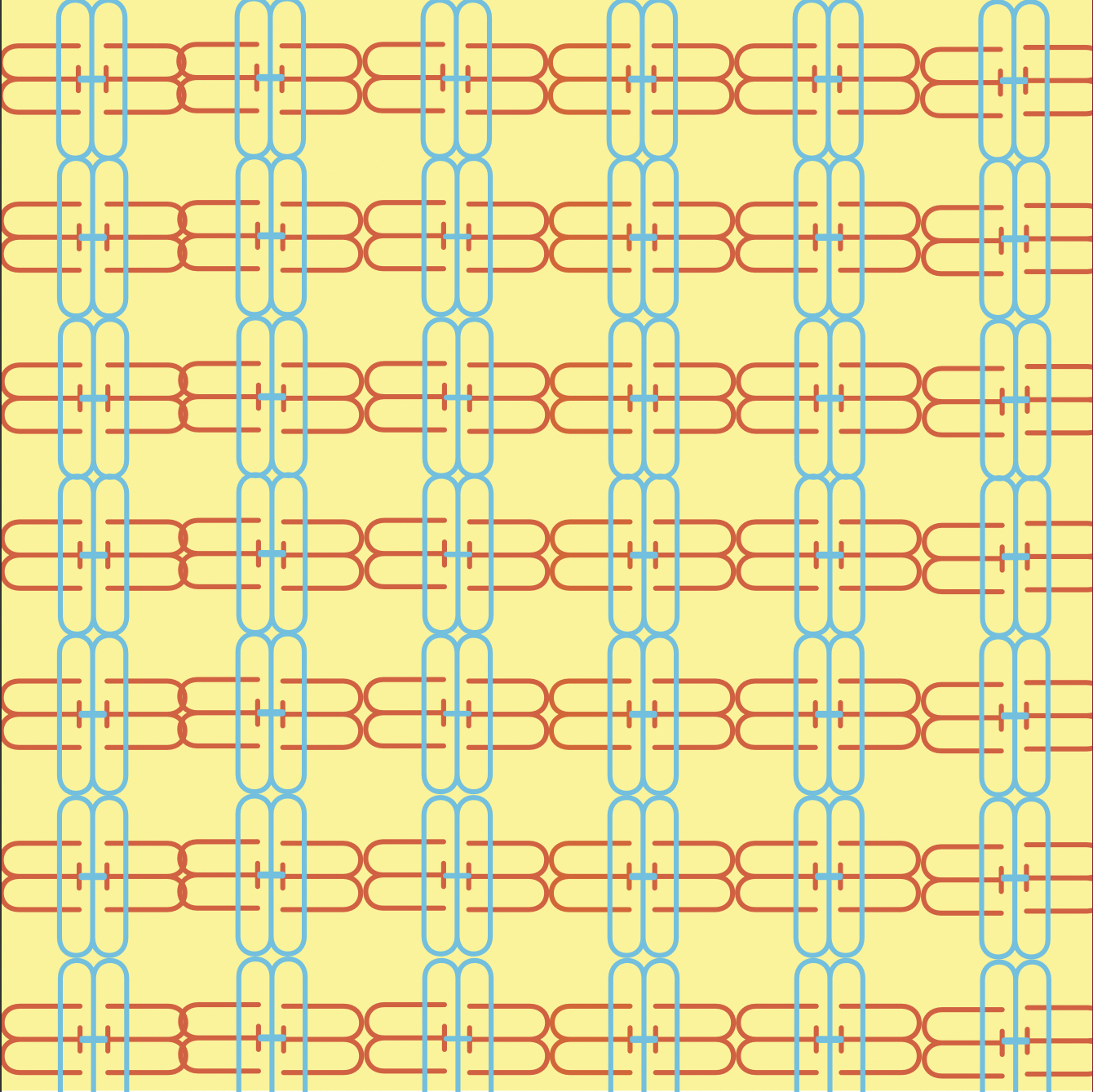A square photo of a  repeating pattern that has the colors yellow as a background, blue and orage for the figures in the pattern. The shape in the pattern is made entirely by the letter M on a square artboard.